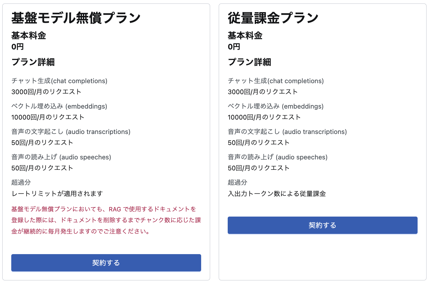 プラン選択画面。基盤モデル無償プランと従量課金プランが並んでいる
